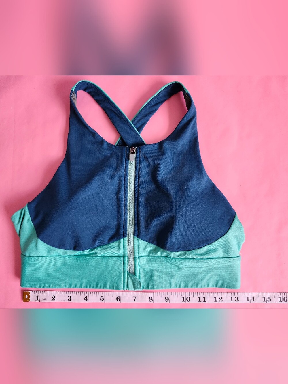 Fabletics No-Bounce High Impact Sports Bra XS Blue Green Front Zip Strappy
